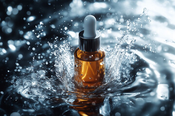 Serum bottle under a soft water stream with splash effects