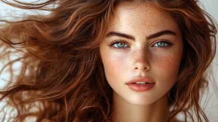 Fototapeta premium A young woman with flowing red hair and striking blue eyes gazes thoughtfully, showcasing her natural beauty in soft lighting