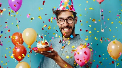 A man joyfully celebrates his birthday with balloons and confetti, a cap on his head and a birthday cake in his hands