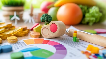 A vibrant scene featuring colorful coins, fruits, and a wooden toy with a tree, symbolizing sustainability and financial growth.