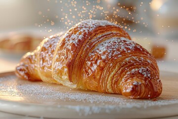 Close-up of a golden-brown croissant with flaky layers.