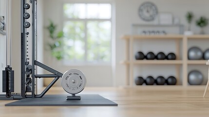 A stylish image of a modern, minimalist home gym setup featuring premium fitness equipment and motivational decor. The low angle shot captures the inviting space while the blurred background adds