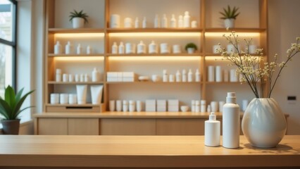 A serene display of skincare products on wooden shelves in a minimalist beauty store interior with natural light. Background with empty space