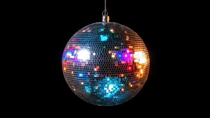 Obraz premium A vibrant disco ball sphere illuminated with colorful disco lights, perfect for captivating party scenes; a dynamic disco ball sphere enveloped in multicolored disco lights, ideal for festive party.