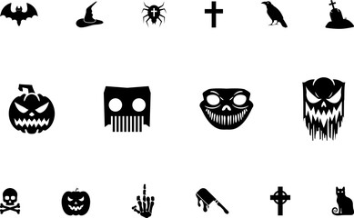 Horror and scary halloween faces silhouette icon, Pumpkin, emoji and tattoo ghost smile spooky jack evil mouth eyes scary silhouette illustration .