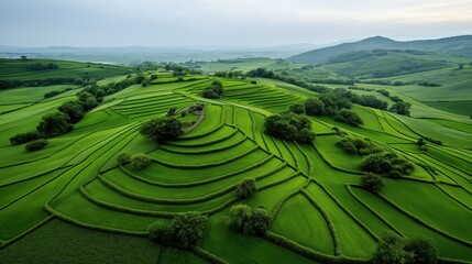 Fototapeta premium Aerial view of lush green terraced fields and hills with scattered trees, under a cloudy sky in a rural agricultural landscape.