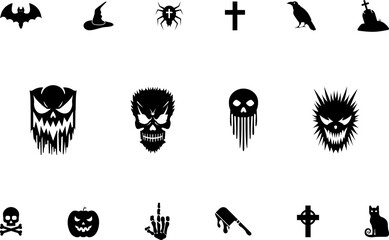 Horror and scary halloween faces silhouette icon, Pumpkin, emoji and tattoo ghost smile spooky jack evil mouth eyes scary silhouette illustration .