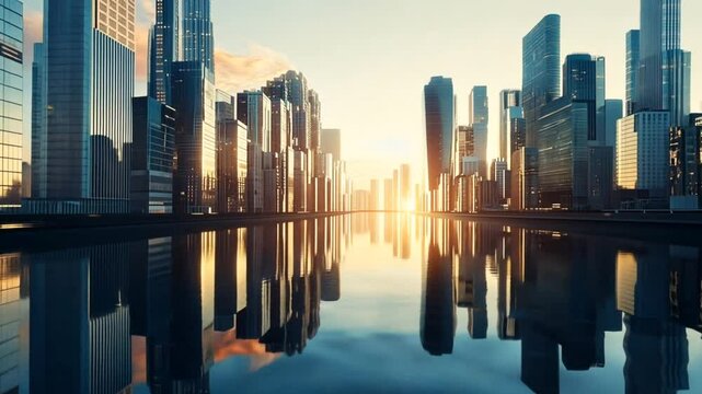 Modern skyscrapers reflecting on water during sunrise creating a serene cityscape. Urban architecture concept