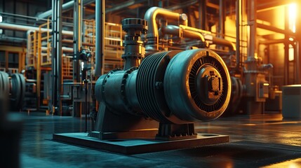 Asynchronous industrial electric motor powering a chemical centrifugal pump in a manufacturing plant . 