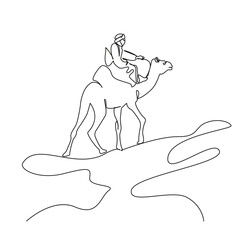One continuous single drawing line art flat doodle camel, animal, sand, travel, nature, bedouin, rider, owner, trip. Isolated image hand draw contour on a white background
