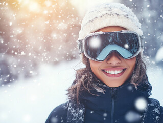 Lächelnde Frau im Schnee mit Skibrille und winterlicher Kleidung

