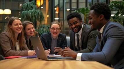 Cheerful multiracial business team using laptop, discussing project results and smiling while having a meeting in the modern office, working together