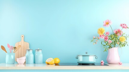 A stylish cooking space with a cozy aqua backsplash that enhances the warmth of wooden cabinets, creating a perfect atmosphere for culinary creativity.