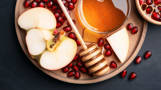 Plate with apple slices, honey, wooden honey dipper, and pomegranate seeds on a dark surface - Powered by Adobe