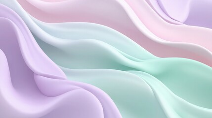 Obraz premium Soft pastel-colored abstract wavy shapes in 3D, blending lavender, pink, and mint green, creating a dreamy and elegant flowing texture across the background.