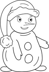 Vector New Year coloring page. Snowman in a Santa Claus hat with a new carrot, buttons with arms and legs.. Doodle black and white illustration for winter designs.