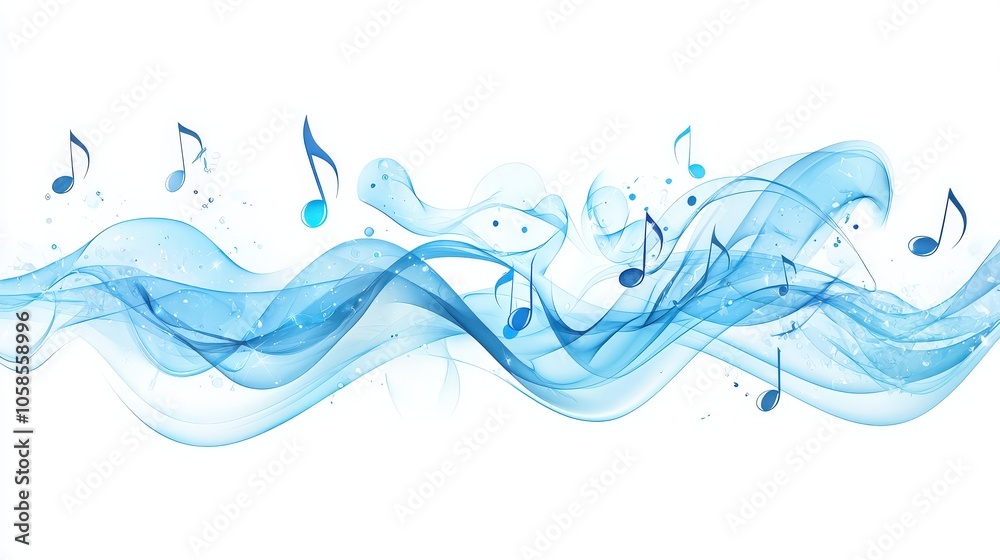 Poster dynamic, abstract sound waves with floating notes and shapes, creating a sense of motion on a clean 