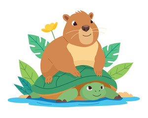 This vector illustration in a flat style features a cute capybara sitting on a smiling turtle, surrounded by green leaves and a yellow flower. It s designed like a fun sticker graphic