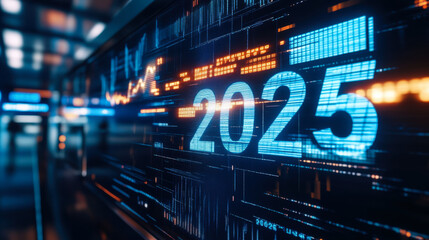 Bright digital countdown display showing the year 2025 with a vibrant blue and orange background in a modern setting