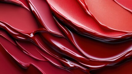 Layers of glossy lipstick textures in shades of red and coral, creating a bold, vibrant abstract background with rich, luxurious makeup product appeal.