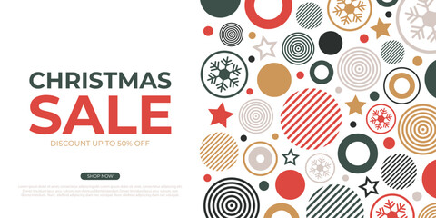 Christmas Sale. Festive commercial banner for holiday shopping promotion and sale advertising. Christmas balls, stars and snowflakes. White background. Vector illustration.