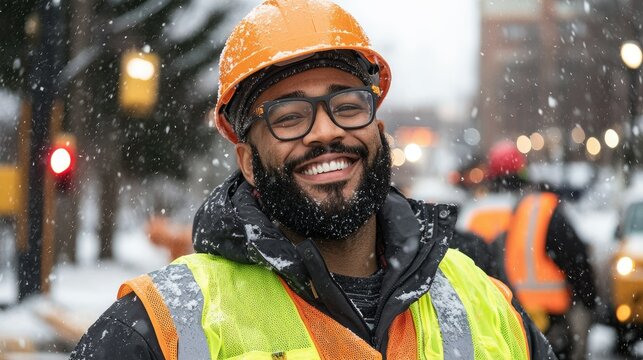 Dedicated winter worker leading community snow cleanup effort amidst snowfall