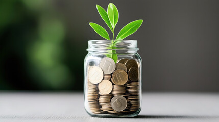 Glass jar filled with coins and a small green plant growing from the top, symbolizing financial growth and savings.