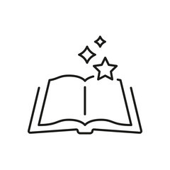Open Book With Stars Line Icon. Magical Storybook Outline Symbol. Fantasy Reading, Bedtime Story Or Fairy Tale. Editable Stroke. Isolated Vector Illustration
