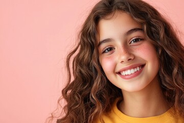 Fototapeta premium Captivating portrait of a shy latina teenager with a warm smile against a pink background