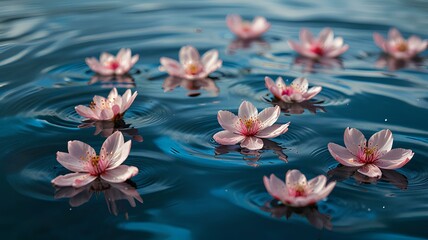 Serene Blue Water Ripples with Floating Pink Cherry Blossom Petals.