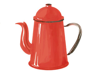 水彩で描いた赤いコーヒーケトルのシンプルなイラスト