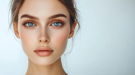 Naklejka premium Portrait of a young beautiful woman with clean, fresh skin against a white background, highlighting her natural beauty and radiance. Ideal for beauty and skincare concepts.