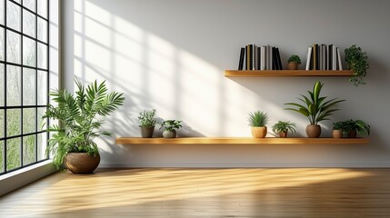 Zoom Virtual Background: Cozy Minimalist Home Decor Shelves Displaying Houseplants and Books. Cozy Interior Backdrop with Sunshine for Peaceful Living Room Backgrounds in Virtual Meetings