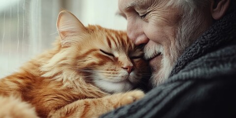 Adorable portrait of a blind cat alongside its owner, showcasing the bond between the cute furry kitty and its caring companion.