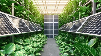Fototapeta premium Futuristic Vertical Farming Concept with Solar Panels in Sustainable Cityscape - 3D Illustration