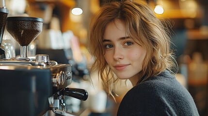 Naklejka premium Woman Making Coffee in a Modern Coffee Shop Studio, Morning Routine, European Beauty