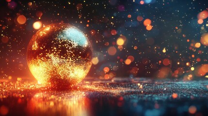 Naklejka premium Golden Shiny disco ball with lights on shiny glowing abstract background, with copy space. Generative AI
