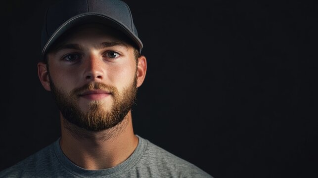 Portrait of a young man in a baseball cap and t-shirt, sporting a beard against a dark background. The young mans expression captures a modern, casual style, with photo space for text.