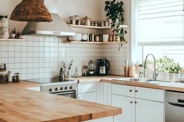 Interior of a modern white kitchen with a light wood island, stainless steel appliances, and a wooden floor 