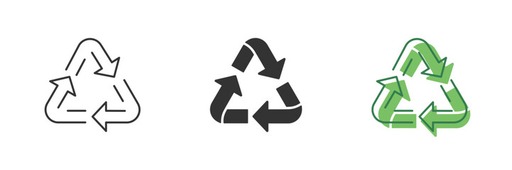 Recycling Arrows Line and Silhouette Icon Set. Eco-Friendly Recycle Arrows Sign. Green Organic Waste Icon. Ecology Nature Reuse Organic Recycle Symbol. Editable Stroke. Isolated Vector Illustration