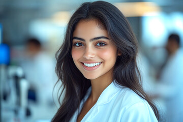 Obraz premium Confident Indian Female Doctor in Modern Hospital Corridor with Warm Smile and Stethoscope