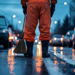 Obraz premium Night Road Maintenance: Worker Cleaning Streets in Orange Uniform