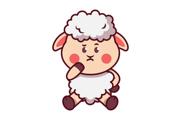 Cute Sheep Thinking with Hand on His Chin Illustration