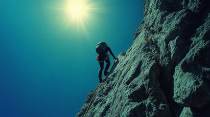 Brave Climber Ascends to the Mountaintop with Slow Motion Backlit Close-Up, Embodying Determination and Courage
