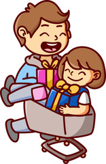 father pushing daughter in shopping cart Vector Illustration Icon. Flat Cartoon Style