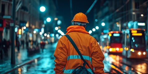 Night Road Maintenance: Worker Cleaning Streets in Orange Uniform