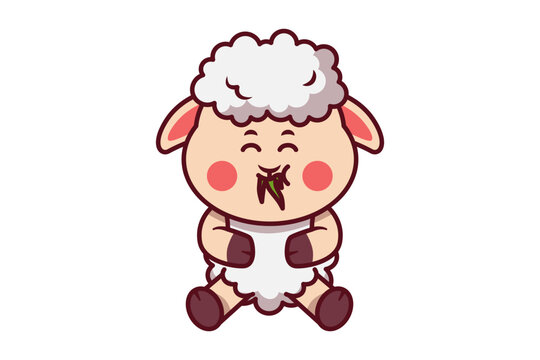 Cute Sheep Eating Grass Illustration