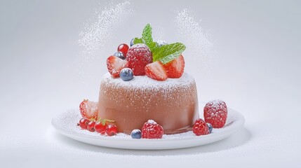 Elegant chocolate fondant dessert with powdered sugar and berries on a white background, perfect for gourmet dessert lovers