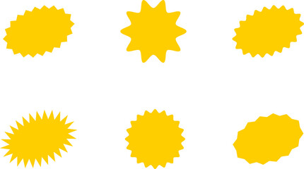 Starburst yellow sticker set - collection of special offer sale oval and round shaped sunburst labels and badges. Promo stickers with star edges.