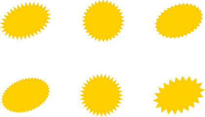 Starburst yellow sticker set - collection of special offer sale oval and round shaped sunburst labels and badges. Promo stickers with star edges.